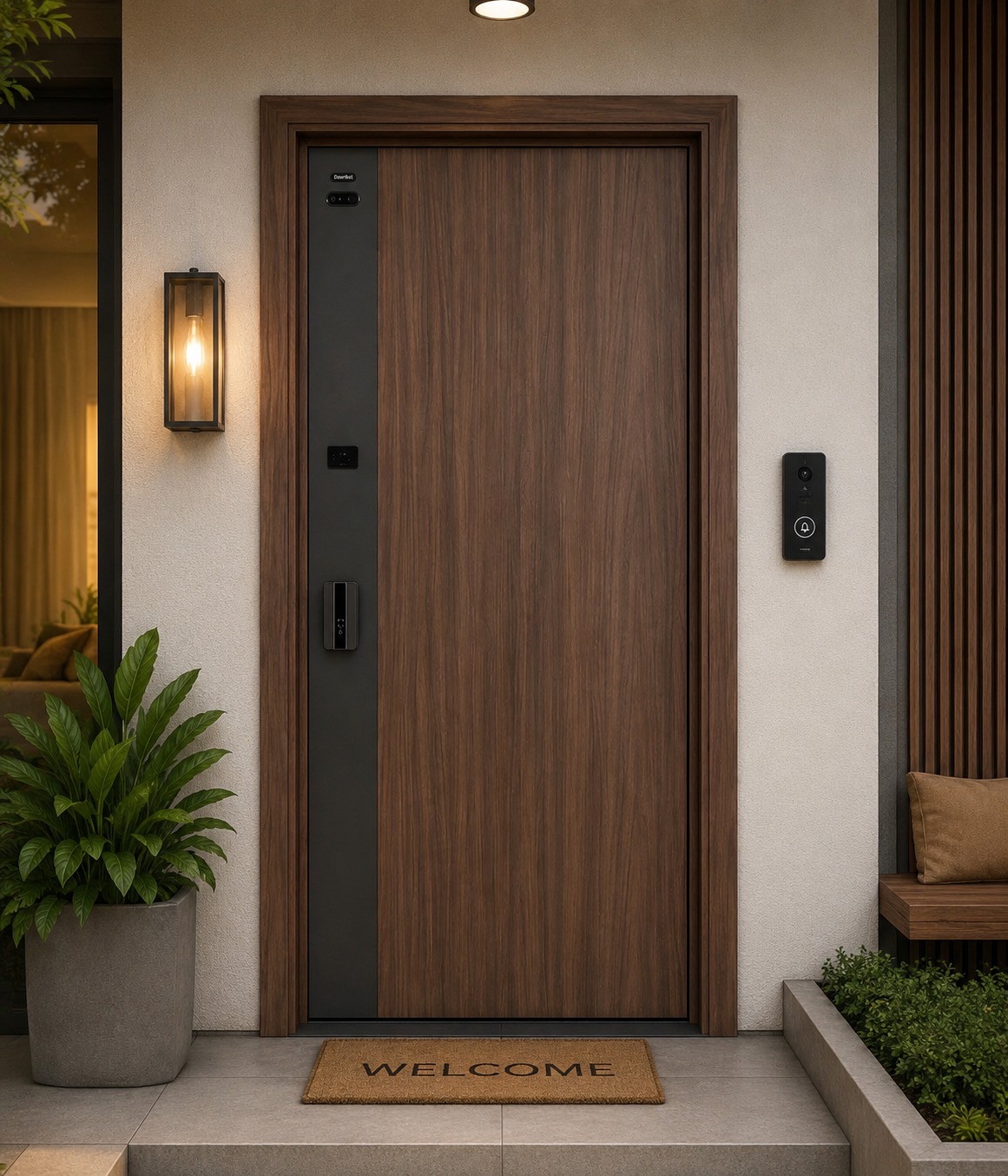 Black cast aluminium smart security door at dusk